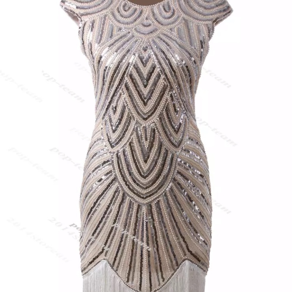 Beaded Ivory Fringe Art Deco Midi Dress